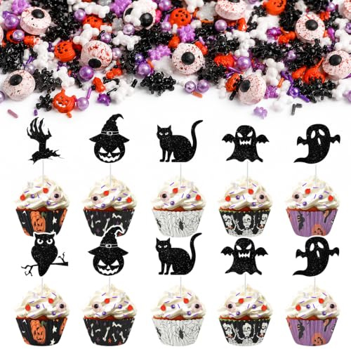 107 Stück Halloween Cupcake Topper, 85 g Halloween Tortendeko Essbar | halloween Kuchendeko, Zuckeraugen Essbar, für Kindergeburtstage Party-Dekorationen