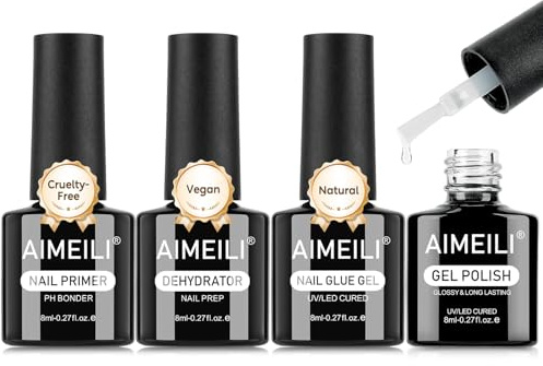AIMEILI 4 st halvpermanent gelpolering, nagelprimer, nageltorkare, nagellimgel, spridning av marmoreffekt, ultra blank, långvarig manikyrkit