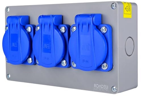 RoadEu Bloc Multiprise IP44 Saillie | 3 Prises Françaises 2P+T 230V/16A | Boîtier de Distribution Pré-câblé avec Presse-étoupe PG13,5 | Répartiteur pour Chantier, Atelier & Extérieur Couvert