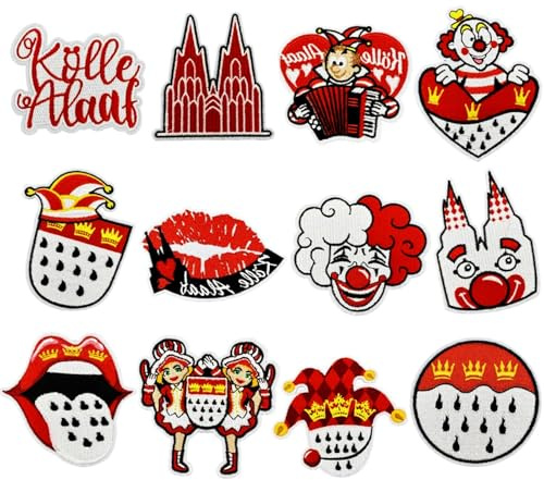 12 Stück Bügelbilder Karneval, Köln Bügelaufkleber Kleidung Accessoires Karneval, süße bestickte Reparaturflicken zum Annähen oder Aufbügeln