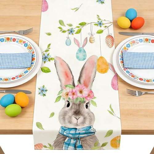 Tischläufer Ostern mit Hasen Eiern Blumen und Karotten 40 x 140 cm | Ostertischdecke, Frühling Tischdecke, Für Küche Esszimmer Wohnkultur, Osterdeko Tisch