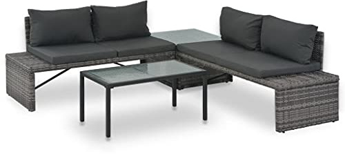 Mandloder 3-TLG Juego de salón de jardín, ratán poli gris, 2 sofás, mesa de café, mesa de esquina, acolchado cómodo, resistente a la intemperie para terraza, balcón, jardín, muebles de exterior