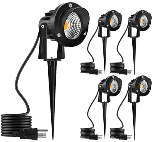 Romwish 120V LED Landscape Spotlights, 10W Outdoor Spotlights for Yard, 3000K Warm White, 120V AC Spot Light with Ground Spike, Waterproof Landscape Lighting for House Garden Lawn Decorative - 4 Pack