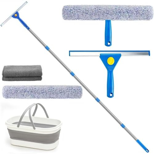 Professional Window Cleaning Equipment, Window Cleaning Kit with 12 Litre Collapsible Bucket, 14 Window Silicone Squeegee and 15 Microfiber Scrubber with 78 Long Handle, for Commercial & Household