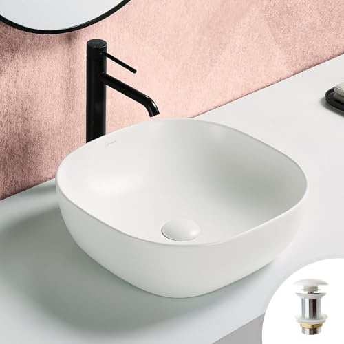 ALTANE Vasque à Poser Carrée 41 x 41cm en Céramique Blanc Mat + Bonde Pop-up Incluse