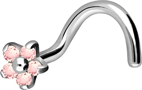 PIERCINGLINE Nasenpiercing TITAN BLUME mit 5 KRISTALLEN Piercing Nase Stecker Spirale Silberfarben Hellrosa