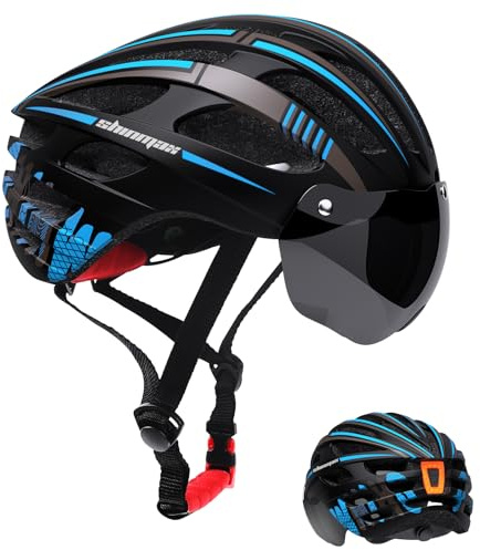 Shinmax Cykelhjälm för herr och dam, cykelhjälm med USB-ljus, uppladdningsbar cykelhjälm med magnetiskt UV-skydd, mountainbike, hjälm, självlysande klistermärke, 57–62 cm (RC-049)