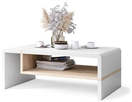 All4All Couchtisch Figo - Kleiner Kaffeetisch - Wohnzimmertisch – Sofatisch mit Brett - kompakte Größe - Sofatisch - 100x60cm - 05 - Weiß + Sonoma Eiche