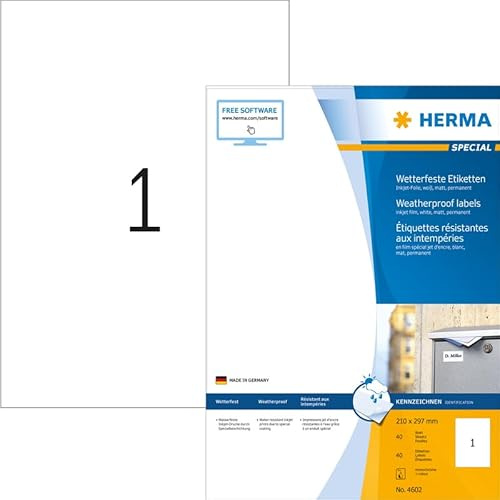 HERMA 4602 Wetterfeste Folienetiketten für Inkjet Drucker, 40 Blatt, 210 x 297 mm, 1 pro A4 Bogen, 40 Stück, selbstklebend, bedruckbar, matt, Klebeetiketten Aufkleber für Tintenstrahldrucker, weiß