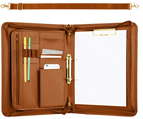 ONVAYA® Konferenzmappe A4 | cognac | gold | Aktenmappe | Businessmappe | Schreibmappe mit Block | strapazierfähiges Kunstleder | Dokumentenmappe (Cognac mit Tragegurt gold)