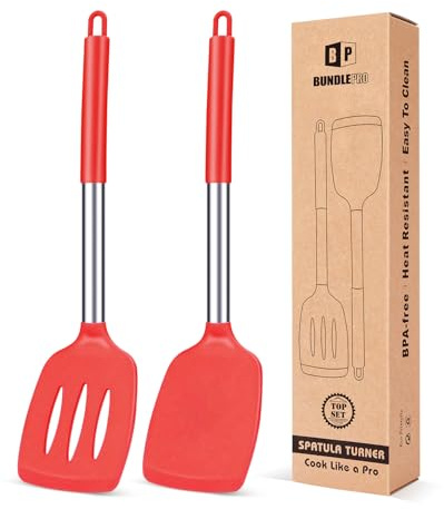 Pfannenwender aus Silikon, robust, antihaftbeschichtet, geschlitzt, hitzebeständig, BPA-frei, ideales Kochgeschirr für Fisch, Eier, Pfannkuchen, rot, 2 Stück