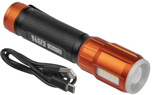 KLEIN TOOLS Rechargeable LED Flashlight with Worklight, 500 Lumens, USB Charging Cable, Pocket Clip, Battery Life Indicator, Magnetic 56412, Orange/Black