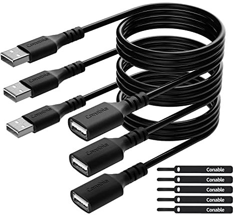 3 Pack USB Extension Cable 4 FT, USB 2.0 Type A Male to Female Extender Cord Adapter, Compatible with Printer, Keyboard, Mouse, Flash Drive, Hard Drive, Controller, Black Cable with 5 Cable Ties