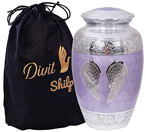 Divit Shilp Cremation Urn for Human Ashes with Velvet Bag, for Adults up to 100 kgs, Funeral Urns (Lilac Angel Wings, Adult).