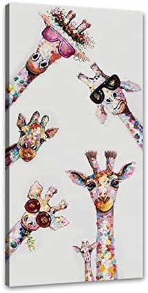 ZHONGYUTONG Graffiti Leinwand Kunstdruck mit Rahmen Giraffe Familie mit Brille Wanddekoration Buntes Tier Bild Poster Lustige Gemälde für Kinderzimmer (20x40cm)