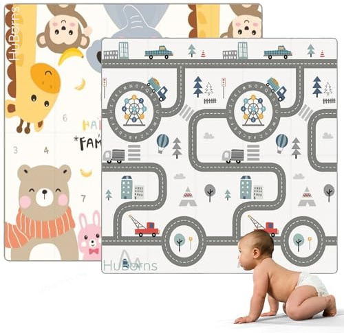 HuBorns - Spielmatte Baby Faltbar 200x180 cm und Wendbar, Krabbelmatte Baby Schadstofffrei mit CE Zertifikat, Play Mat XXL Gepolstert, Spielmatte Rutschfest und Wasserdicht (Highway)