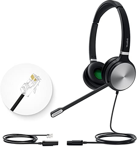 Yealink Casque filaire YHS36 QD vers RJ9 pour téléphones de bureau Poly, Snom, Grandstream - Câble double/170 g/2,1 m