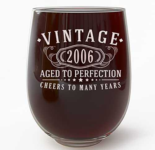 Vintage 2006 Etched 17oz Stemless Wine Glass - 19th Birthday Gifts for Women - Cheers to 19 Years Old - 19th Decorations for her - Best Engraved Wine Gift Ideas for Women - Mom Grandma 2.0