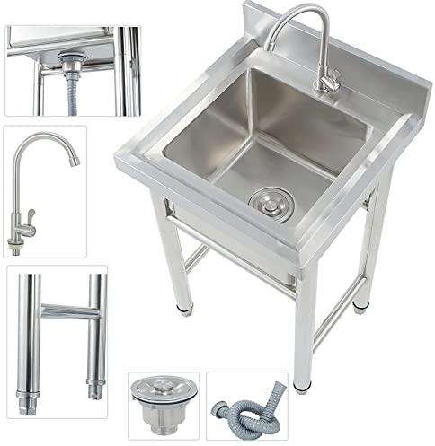 RTYHN Lavello da Cucina in 304 Acciaio Inox Vasca Singola Lavello Mobile Lavelli Cucina con Rubinetto Singolo a Freddo per Garage, Ristorante, Cucina, Lavanderia, Interni ed Esterni
