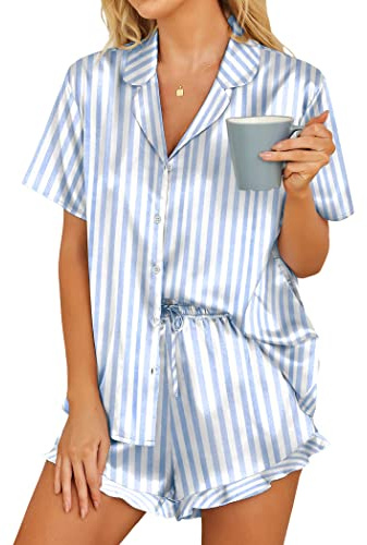 Hotouch Pigiama per Donna 2 Pezzi Pigiama da Casa Leggero T-Shirt Pigiama Blu S