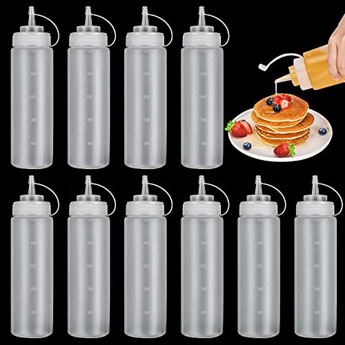 LOLYSIC 10Pcs Squeeze Bottles, 18oz 500ml Plastic Sauce Bottle Condiment Squeezy Bottles with Nozzles for Ketchup, Salad Sauce, BBQ Sauce
