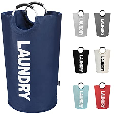 DOKEHOM 90L Large Laundry Basket, Collapsible Laundry Bag, Freestanding Tall Clothes Hamper, Foldable Washing Bin (Dark Blue)