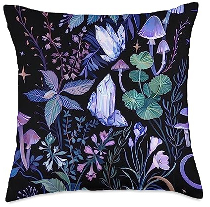 Vintage Witchy Magical Crystals Purple Boho Mushroom Throw Pillow