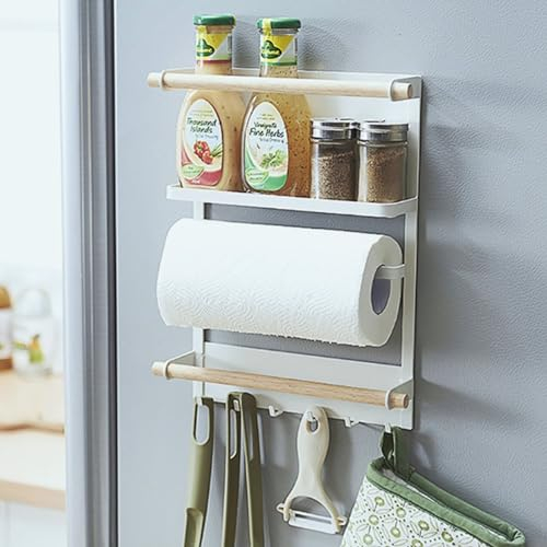 OXTXO Magnetic Spice Rack for Refrigerator, 3-Tier Fridge Organizer Shelf with 6 Hooks, Wooden Design – Kitchen Storage Rack for Spices, Towels, Jars & Paper Roll (White)