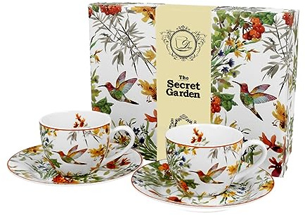 DUO FLORAL Linnea - Juego de 2 tazas de espresso con platillos, porcelana china (90 ml)