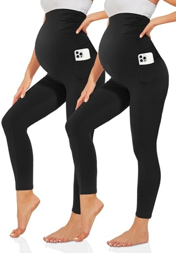 TNNZEET 2er Pack Umstandsleggings Damen mit Taschen fürSchwangerschaft | Blickdicht High Waist Umstandshose Umstandsmode High Waist Bequem Elastisch Workout für Yoga