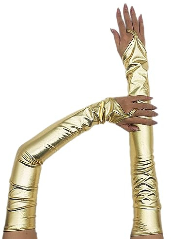 Lackleder Lange 55cm Fingerlose Damen Sexy Beschichtete Hakenfingerhandschuhe für Hochzeit, Abschlussball & Teeparty - Gold