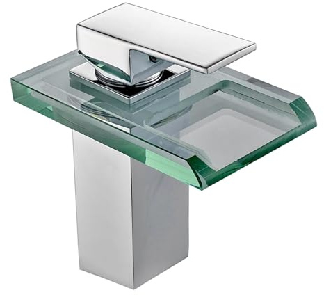 perfk Rubinetto per bagno a LED Ampio beccuccio in vetro Miscelatore per acqua calda e fredda monoforo montato su piano in ottone Rubinetto per lavandino, argent