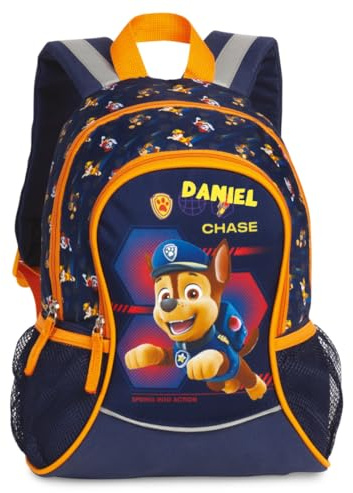 Personalisierter Kindergartenrucksack Paw Patrol - Rucksack Kinder Jungen Mädchen mit Namen - Freizeitrucksack Kindergarten Kita mit seitlichen Netztaschen Vordertasche