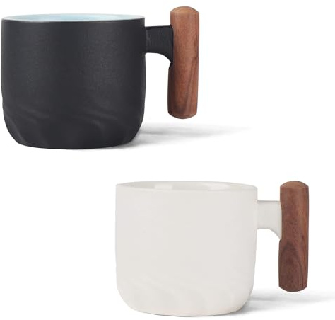 Zurucily 2 oz Ceramic Espresso Cups with Wooden Handle Espresso Cups Set of 2, Small Tea Cups