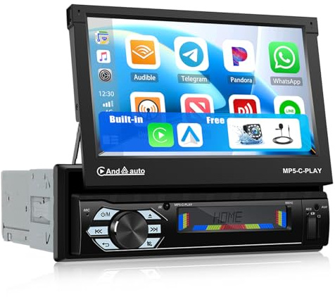 OiLiehu Autoradio 1 Din con Apple CarPlay Android Auto 7 Pollici Schermo Automatico Retrattile con Mirror Link Bluetooth FM EQ+ Telecamera Posteriore
