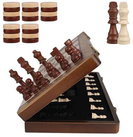 Demiwise Magnetic 2 in 1 Chess Set,15 inch Chess & Checkers Set,Wooden Handmade Folding Portable Travel Chess Board Game for Adult,Extra 2 Queen with Manual and Storage Bag
