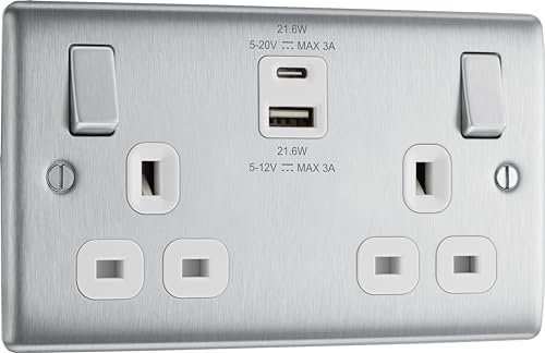 BG Electrical 22W Double Switched Wall Plug Socket with Fast Charge Type A & C USB Charging Ports, Nexus Metal, Brushed Steel, White Inserts, 13A, NBS22UAC22W