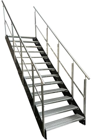 Kaminbau Mierzwa Premium Stahl Treppe mit beidseitigem Geländer verzinkt/Wangen Anthrazit RAL 7016/13 Stufen verzinkt (Breite 1400 mm) (Höhe 247 cm) Wetterfest Gitterroststufe Gartentreppe