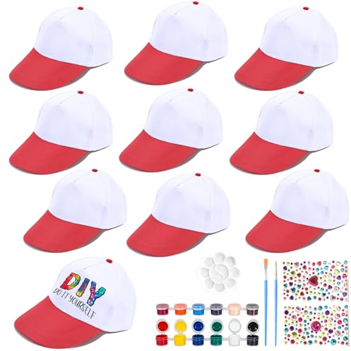 LXWINNER 10 Stück Graffiti Kappe, Kinder Kappen zum Bemalen, DIY Baseballkappe mit Edelstein Aufklebern, Kinder Baseballmütze, Kappe Weiß, Geburtstag Geschenk Mädchen 14 Jahre