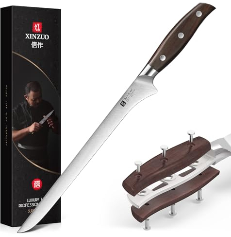 XINZUO 25.5cm Cuchillo Jamonero, Acero Inoxidable Alemán 1.4116 Cuchillo para Jamón Afilado Profesional Cuchillo de Trinchar -Cuchillo Cimeter para Jamón, Carne, Pescado -Mango de Red Sandalwood