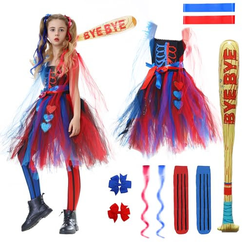 IEEILULU Disfraz de Quinn para Niñas, Halloween Disfraz Cosplay Harley, Vestido Quinn Cosplay Set con Faldas Pelucas Medias Murciélago Hinchable para Carnaval Fiesta (XXL)