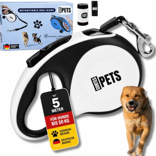 CORTES PETS®Guinzaglio per cani allungabile Retrattile 5m, con sacchetto per escrementi per canii fino a 50 kg, ideale per cani di taglia grande, media e piccola. (Bianco, L - 5m - fino a 50 kg)