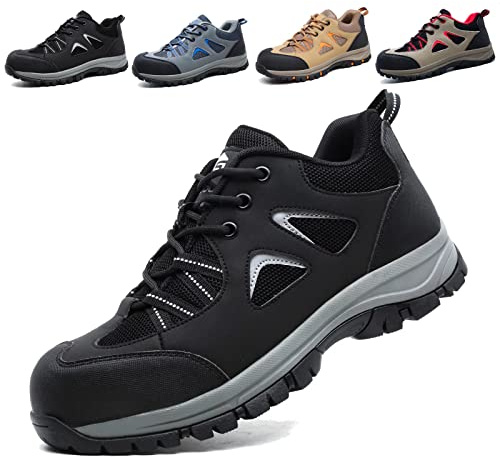 ISOOUS Sicherheitsschuhe Herren Damen Leicht Arbeitsschuhe Stahlkappenschuhe Atmungsaktiv Anti-Smashing Anti-Piercing Schwarz 47