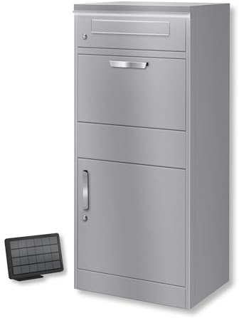 Metzler® boîte aux Lettres à Colis extérieure avec éclairage LED Solaire et Double Compartiment Gris Aluminium – réception sécurisée Jour et Nuit, Acier thermolaqué, Fixation Facile, Bispo
