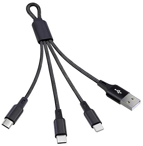 TOP-UP Câble multiUSB 3 en 1, avec dragonne de transport, court de 18 cm, en nylon tressé, câble de charge rapide, USB-C, micro USB, compatible avec iPhone 16, 15, Galaxy S24, S23, batterie externe