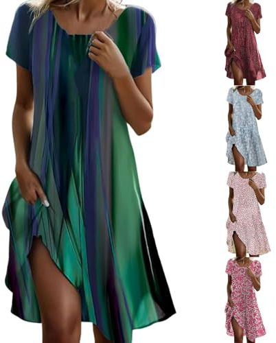 Cihdmfb Sommerkleid Damen Große Größen Locker Blusenkleid Vintage Blumen Drucken Tshirt Kleider Casual Kurzarm Rundhals Tunikakleid Leichte Bequeme Freizeitkleid Oversized Midikleid(A A,5XL)