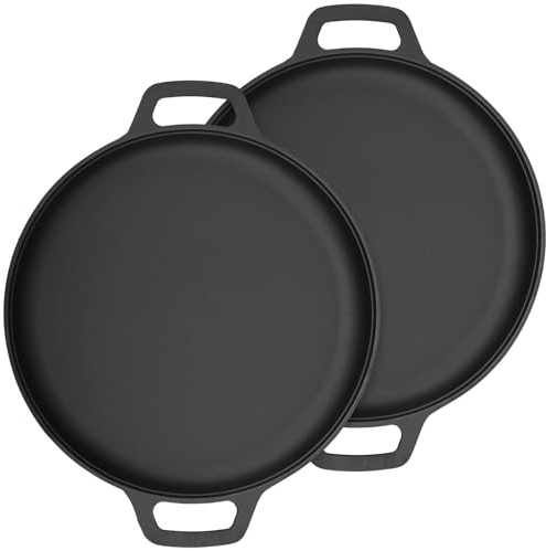 CHUIFAI 2 piastre in ghisa con bordo antigoccia e maniglia per il trasporto, diametro 28 cm, altezza 4 cm, plancha per forno a razzo, barbecue a carbonella e campeggio, nero