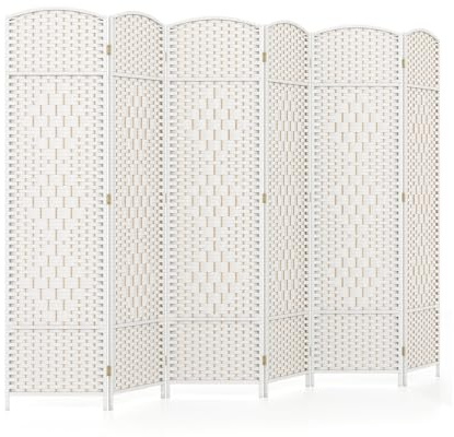 COSTWAY 6 Panel Folding Room Divider, Hand-Woven Wicker Freestanding Wall Privacy Screen Protector, Solid Wood Frame Paravent Partition Separator for Living Room, Bedroom and Office, 271x180cm (White)