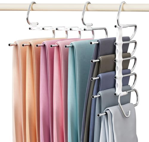 DAMITA Grucce Pantaloni Salvaspazio Appendiabiti Porta Pantaloni 2 Pezzo 5 in 1 Assemblaggio Non Necessario Bianco per Armadio Appendini Multifunzionali Adatto per Donne e Uomini Jeans Sciarpe