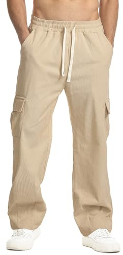 Suwangi Pantaloni in Velluto a Coste da Uomo Pantaloni Cargo Pantaloni Dritti Casual in Velluto a Coste Invernali con Coulisse e Vita Elastica con 4 Tasche